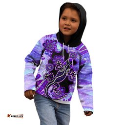 Australia Opal Kid Hoodie Aussie Lizard With Aboriginal Art Purple