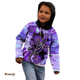 Australia Opal Kid Hoodie Aussie Lizard With Aboriginal Art Purple