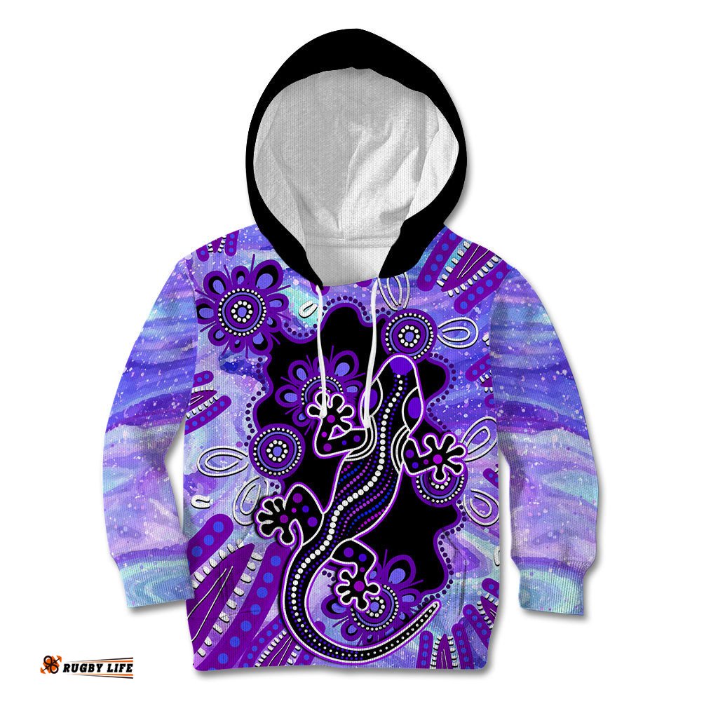 Australia Opal Kid Hoodie Aussie Lizard With Aboriginal Art Purple