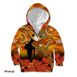 Custom Text And Number Wallabies Rugby ANZAC Kid Hoodie Aboriginal Camouflage Lest We Forget