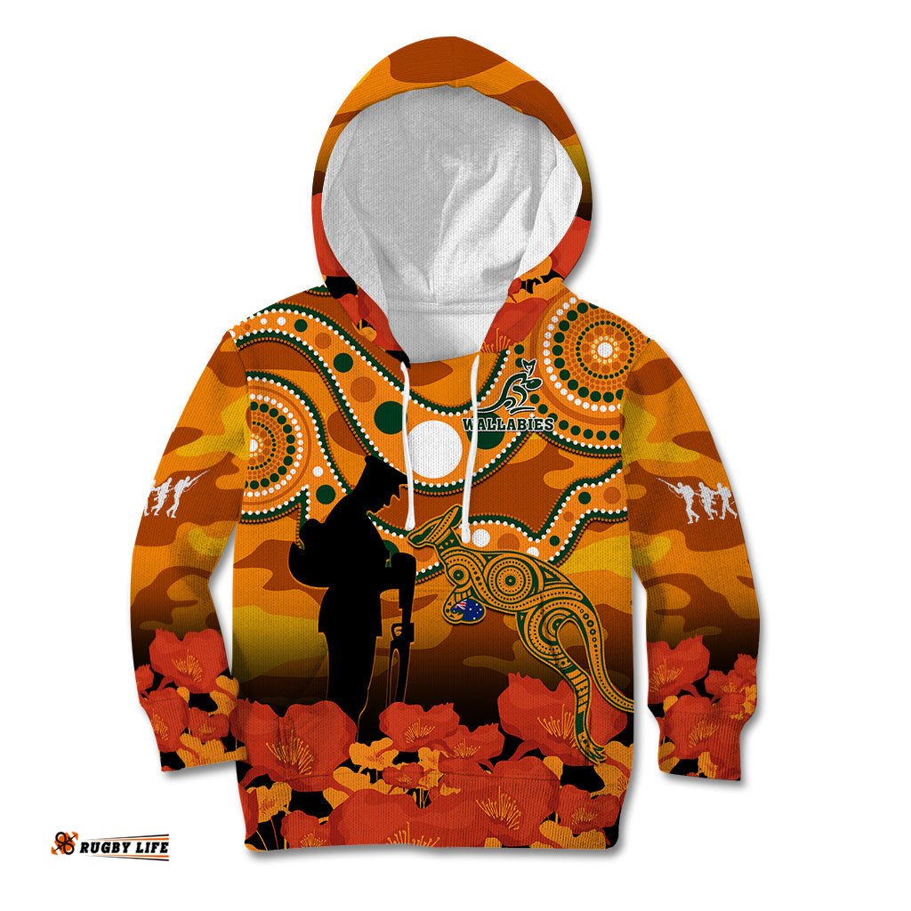 Custom Text And Number Wallabies Rugby ANZAC Kid Hoodie Aboriginal Camouflage Lest We Forget