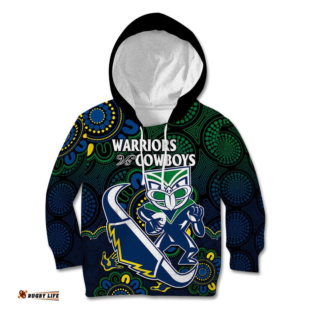 Custom Text And Number NRL Combine Warriors and Cowboys Kid Hoodie Aboriginal