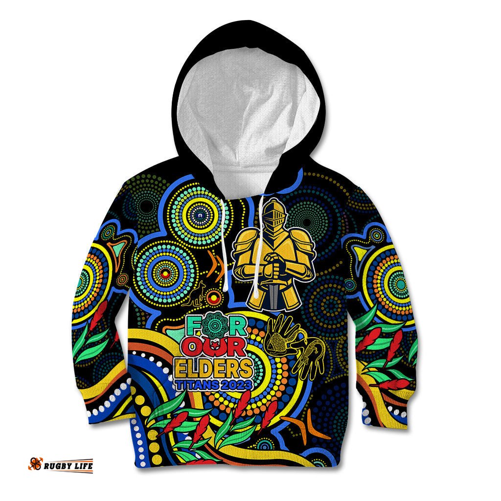 Custom Titans Rugby Aboriginal Art Kid Hoodie NAIDOC Indigenous Tribal