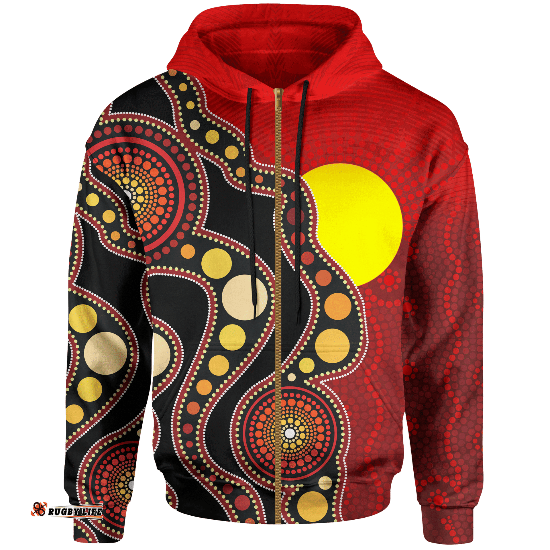 Kids Aboriginal Zip Up Hoodie, Australia Indigenous Flag Circle Dot Painting Art For Kids
