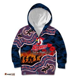 Custom Personalised Anzac Day NRL Rooster Kid Hoodie Aboriginal Lizard Patterns