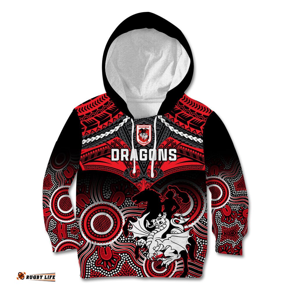 Personalised Dragons Rugby Kid Hoodie Saints 1998 Aboriginal Mix Polynesian Pattern