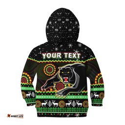 Custom Personalised Panthers Christmas Hoodie KID Aboriginal Pattern Penrith Black Version