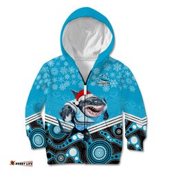 Custom Sharks Rugby Christmas Kid Hoodie Merry Xmas 2023 Mix Aboriginal Art
