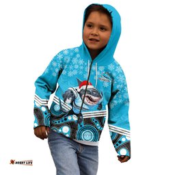 Custom Sharks Rugby Christmas Kid Hoodie Merry Xmas 2023 Mix Aboriginal Art