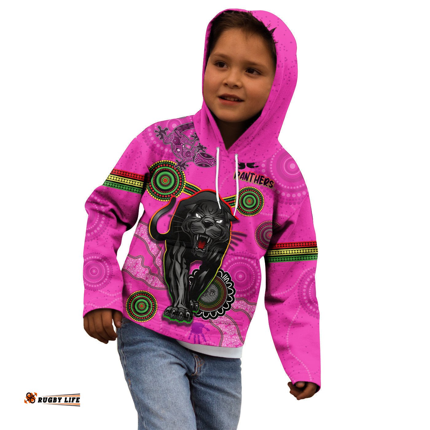 Custom Text and Number Panthers Hoodie KID Aboriginal with Lizard