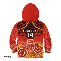 Personalised Gold Coast Football Kid Hoodie Suns Aboriginal Mix Polynesian Pattern