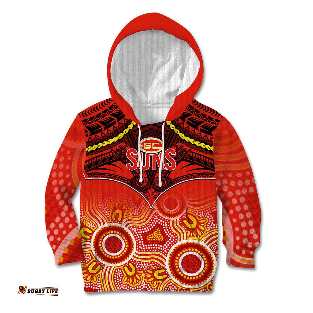 Personalised Gold Coast Football Kid Hoodie Suns Aboriginal Mix Polynesian Pattern