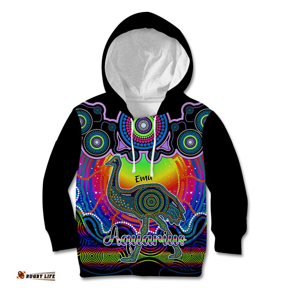 Personalised Australia Aquarius Emu Zodiac Kid Hoodie Auz Astrology Aboriginal Rainbow