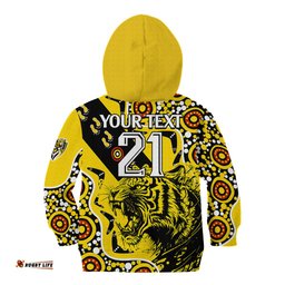 Custom Text And Number Richmond Tigers Football Kid Hoodie Angry Tiger Roaring Aboriginal Boomerang and Dots Art