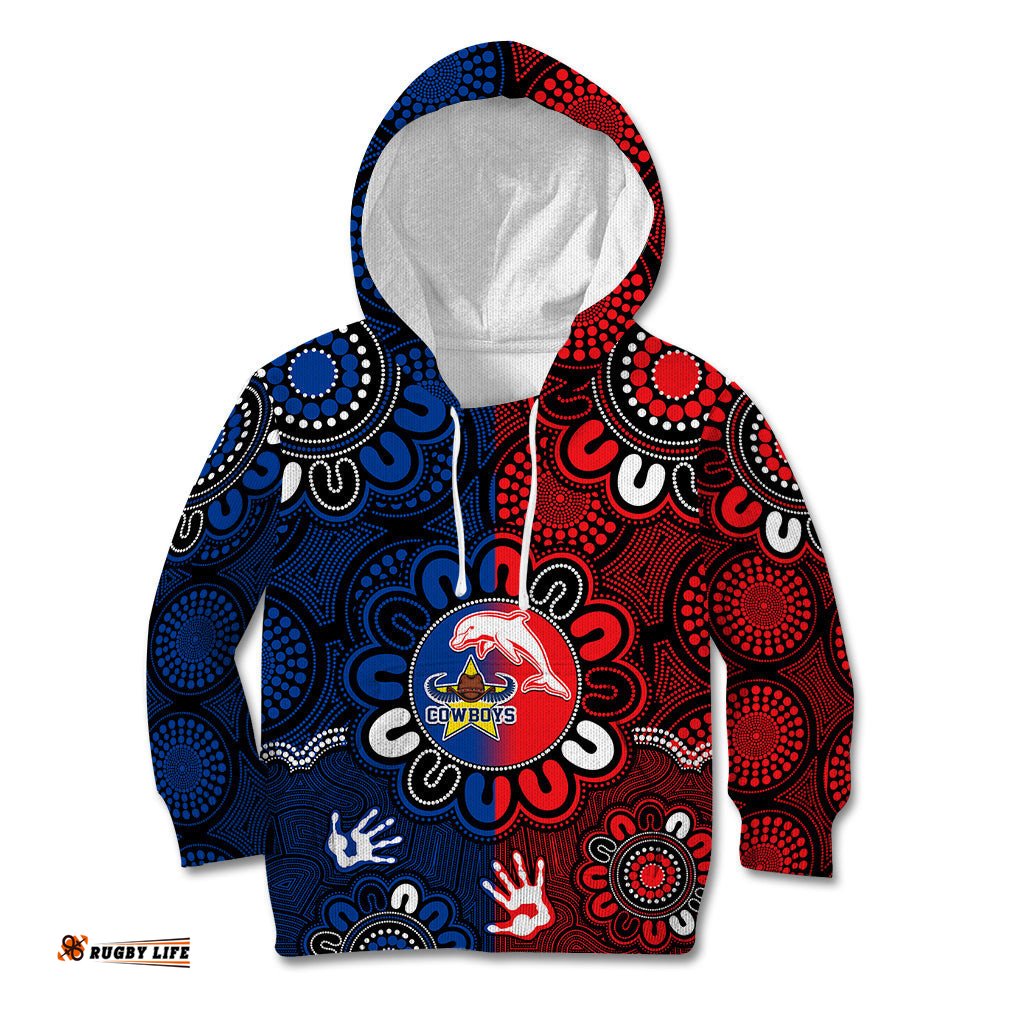 Custom Text And Number NRL Dolphins Combine Cowboys Rugby Kid Hoodie Indigenous Aboriginal Style