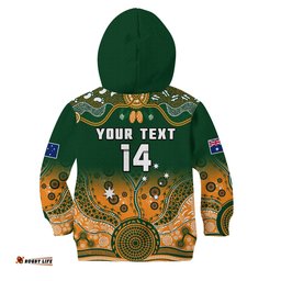 Custom Text And Number Australia Rugby Hoodie KID Wallabies Kangaroo Green Aboriginal