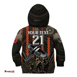 Custom Text And Number ANZAC Collingwood Football Kid Hoodie Proud To Be Magpies Poppy Flowers and Aboriginal Version