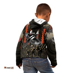 Custom Text And Number ANZAC Collingwood Football Kid Hoodie Proud To Be Magpies Poppy Flowers and Aboriginal Version