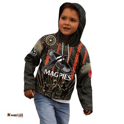 Custom Text And Number ANZAC Collingwood Football Kid Hoodie Proud To Be Magpies Poppy Flowers and Aboriginal Version