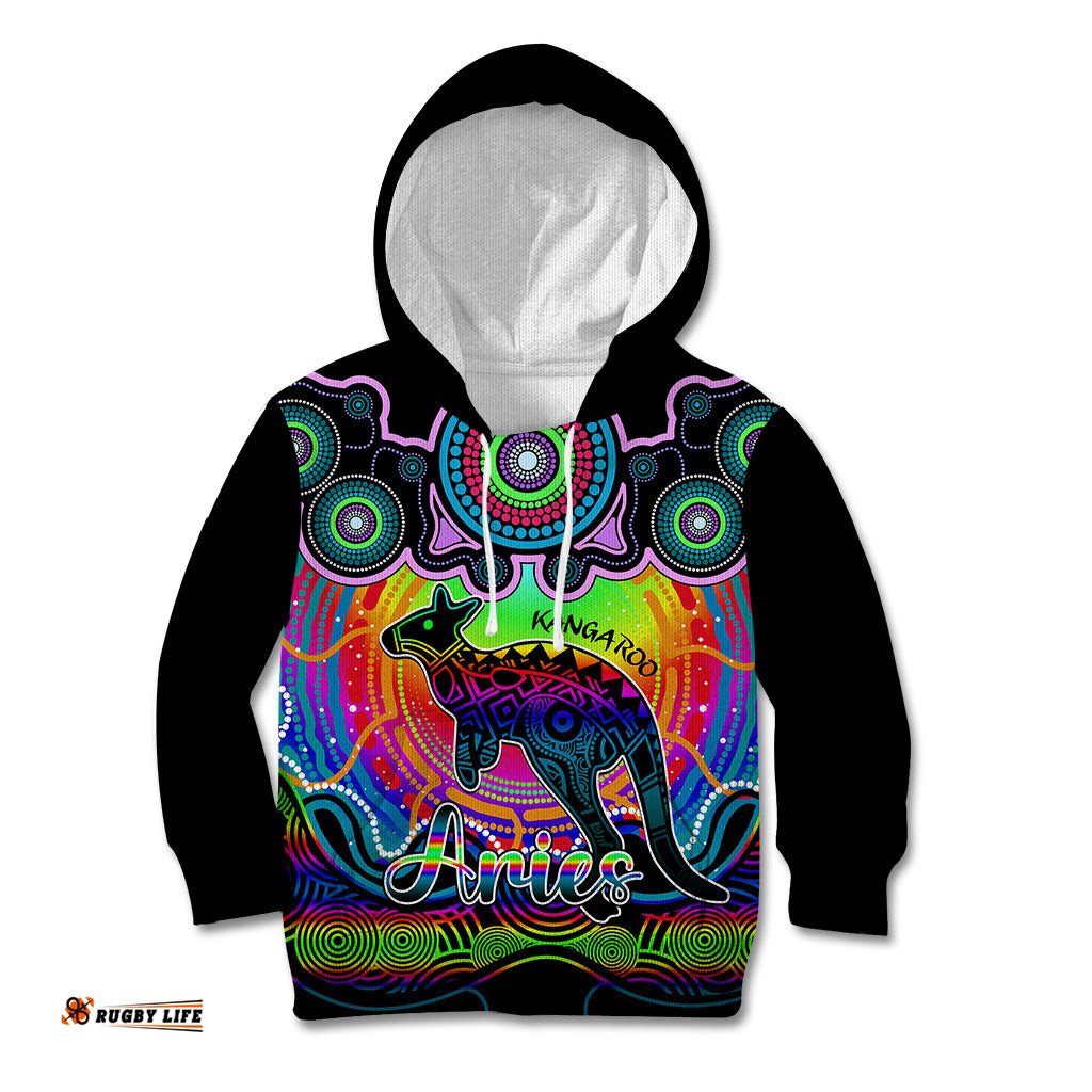 Personalised Australia Aries Kangaroo Zodiac Kid Hoodie Auz Astrology Aboriginal Rainbow