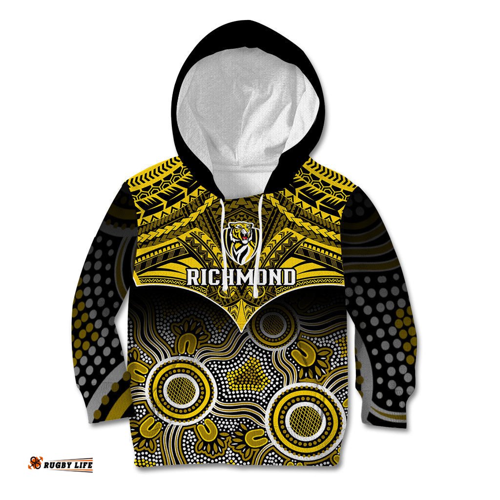 Personalised Richmond Football Kid Hoodie Tigers Aboriginal Mix Polynesian Pattern