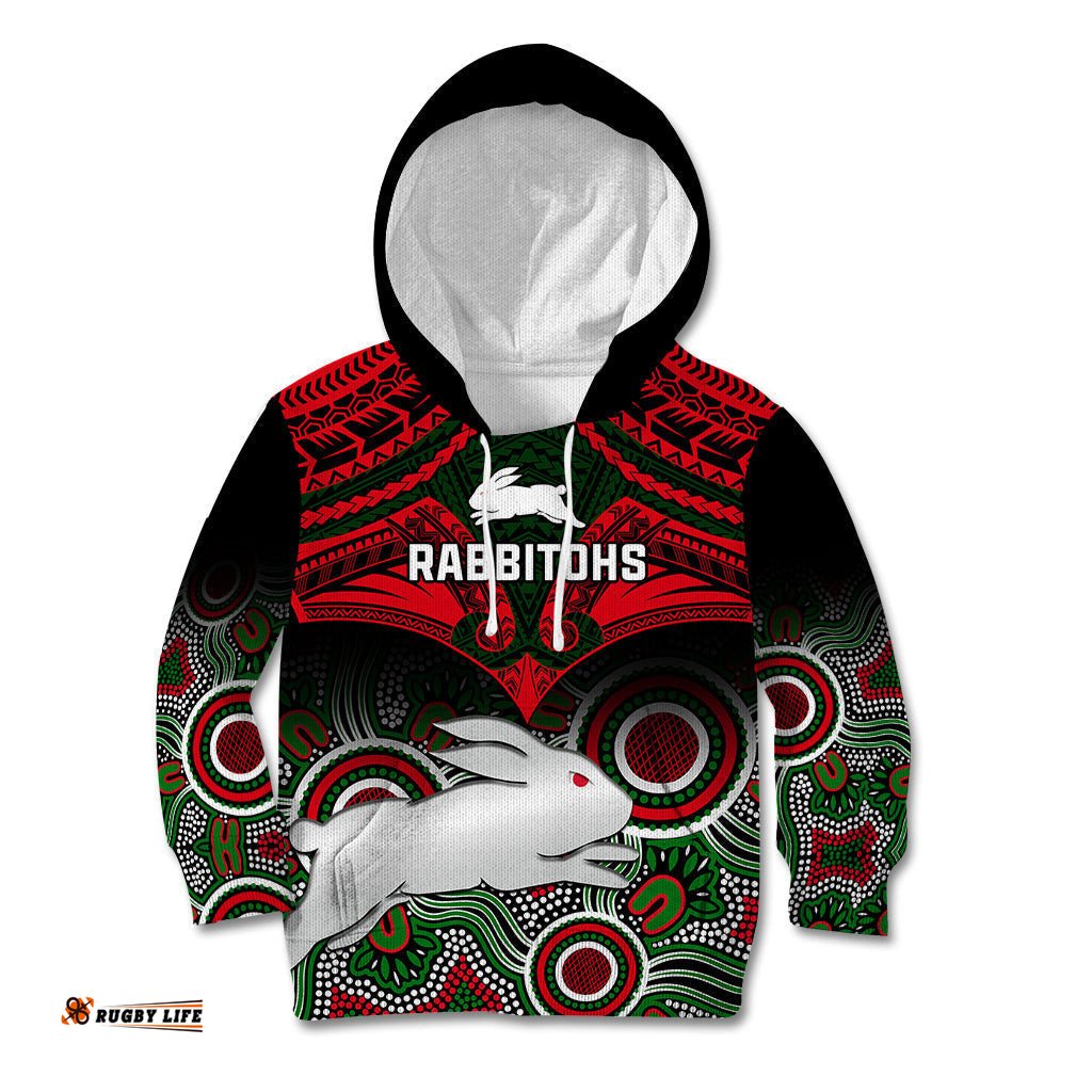 Rabbitohs Rugby Kid Hoodie Souths 1908 Aboriginal Mix Polynesian Pattern