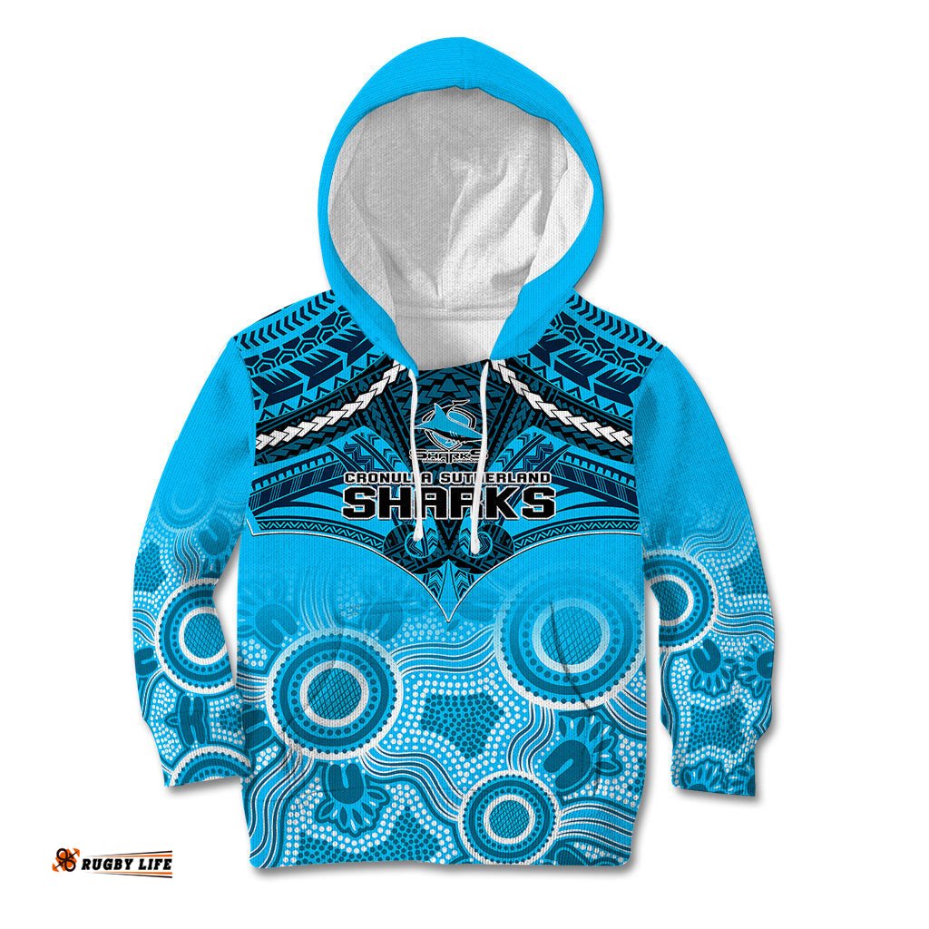 Sharks Rugby Kid Hoodie Go Sharkies Aboriginal Mix Polynesian Pattern