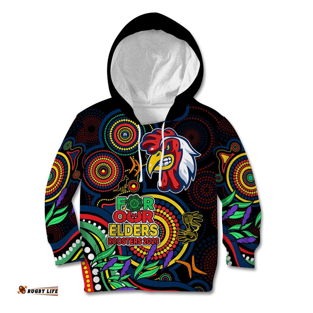 Custom Roosters Rugby Aboriginal Art Kid Hoodie NAIDOC Indigenous Tribal