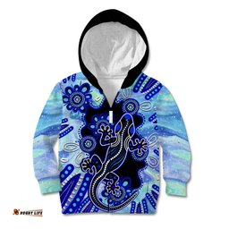 Australia Kid Hoodie Aussie Opal Pattern With Lizard Aboriginal Art Turquoise