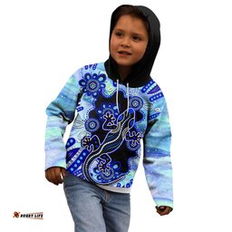 Australia Kid Hoodie Aussie Opal Pattern With Lizard Aboriginal Art Turquoise