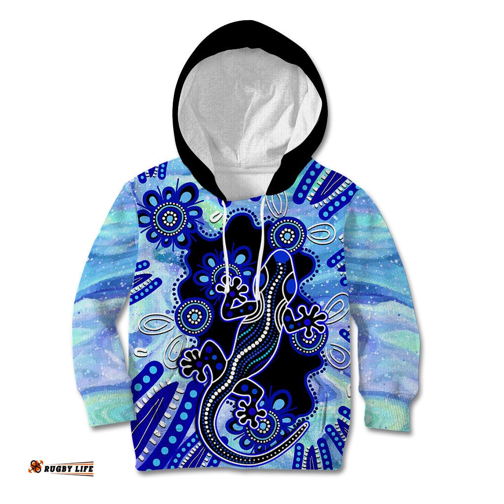 Australia Kid Hoodie Aussie Opal Pattern With Lizard Aboriginal Art Turquoise