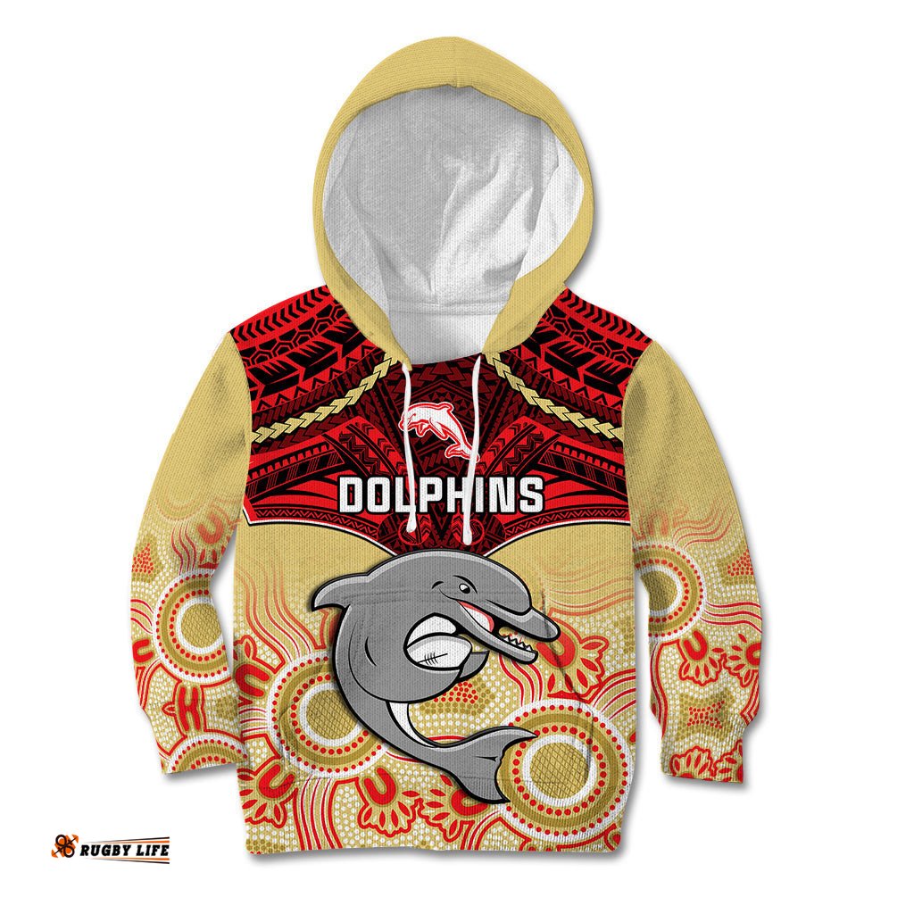 Personalised Dolphins Rugby Kid Hoodie Aboriginal Mix Polynesian Pattern