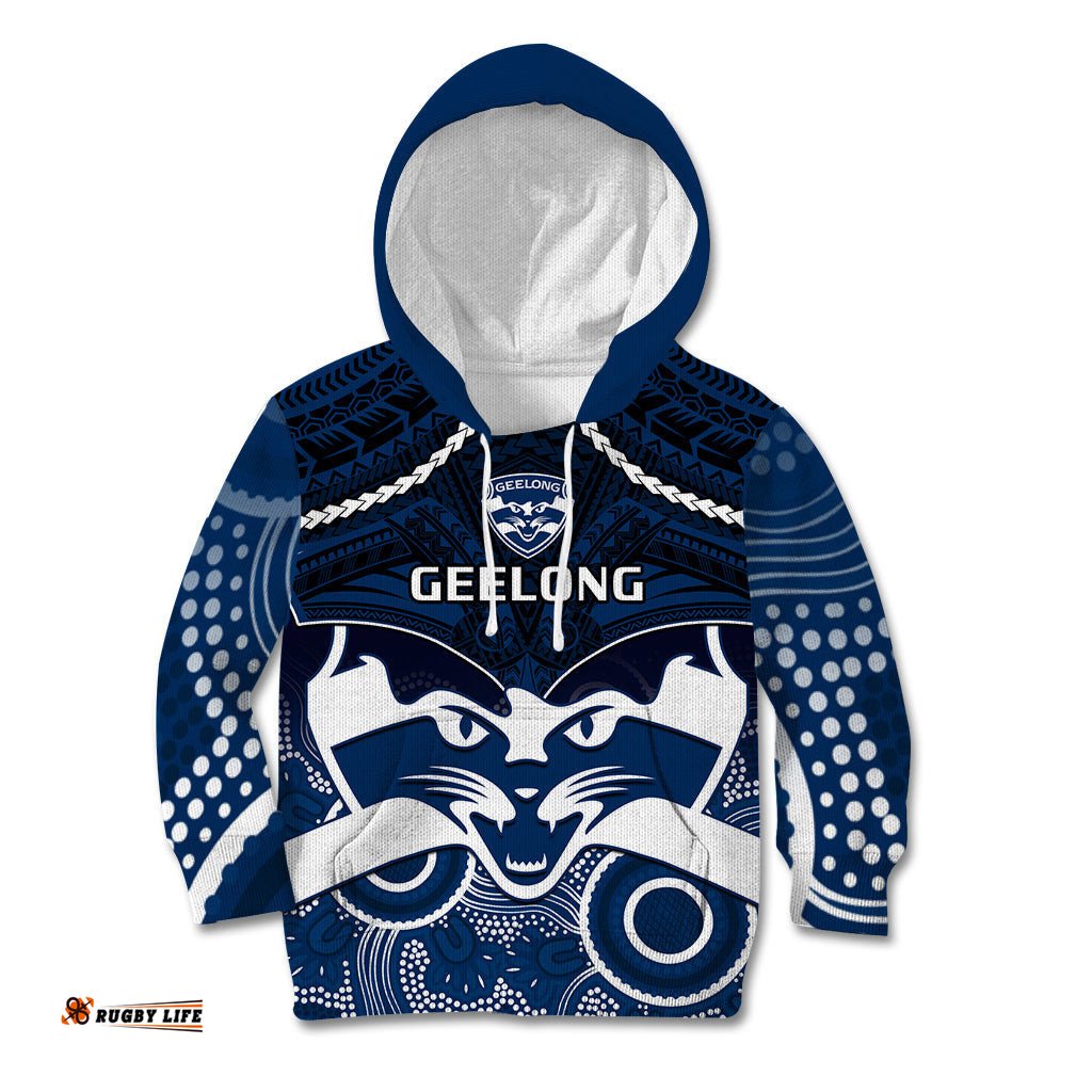 Personalised Geelong Football Kid Hoodie Go Cats Aboriginal Mix Polynesian Pattern