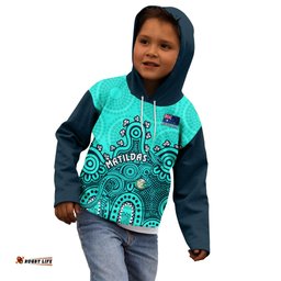 Personalised Australia Soccer Kid Hoodie Aboriginal Turquoise 2023 World Cup With Kangaroo