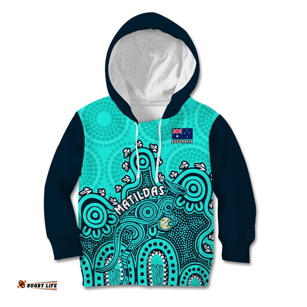 Personalised Australia Soccer Kid Hoodie Aboriginal Turquoise 2023 World Cup With Kangaroo