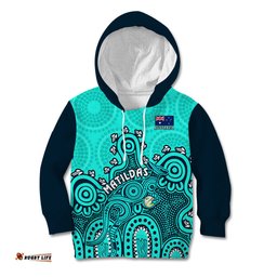 Personalised Australia Soccer Kid Hoodie Aboriginal Turquoise 2023 World Cup With Kangaroo