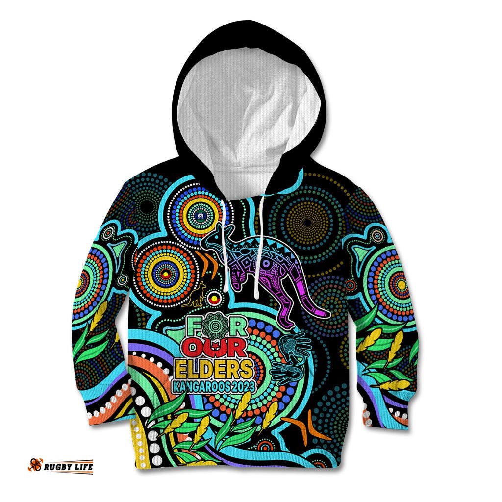 Kangaroos Football Aboriginal Art Kid Hoodie NAIDOC Indigenous Tribal