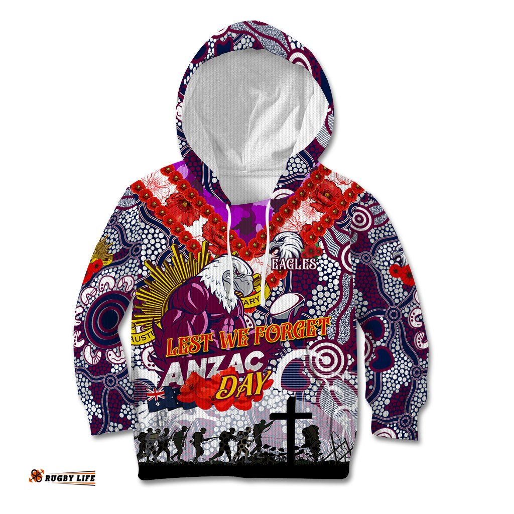 Personalised Eagles ANZAC Day Kid Hoodie Aboriginal Rising Sun