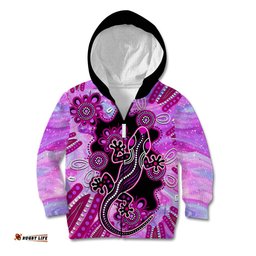 Australia Kid Hoodie Aussie Opal Pattern With Lizard Aboriginal Art Pink