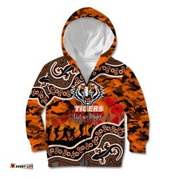 Custom Personalised Anzac Day NRL Tigers Kid Hoodie Aboriginal Lizard Patterns