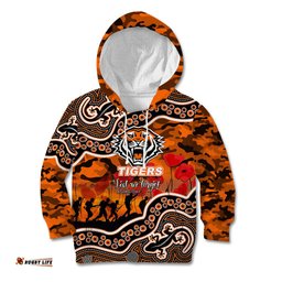 Custom Personalised Anzac Day NRL Tigers Kid Hoodie Aboriginal Lizard Patterns