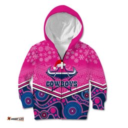 Custom Cowboys Rugby Christmas Kid Hoodie Merry Xmas 2023 Mix Aboriginal Art Pink Version