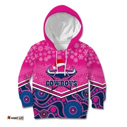 Custom Cowboys Rugby Christmas Kid Hoodie Merry Xmas 2023 Mix Aboriginal Art Pink Version
