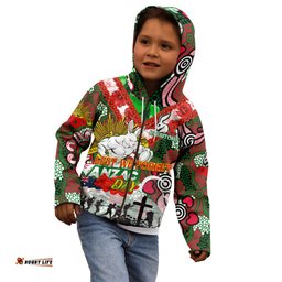 Personalised Rabbitohs ANZAC Day Kid Hoodie Aboriginal Rising Sun