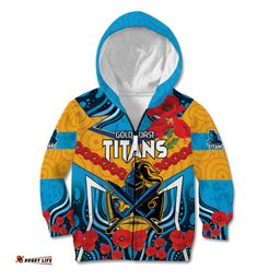 Custom GLD Titans Rugby ANZAC Kid Hoodie Gallipoli Soldier With Aboriginal Art