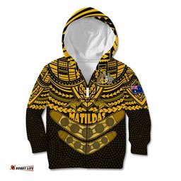 Custom Matildas Soccer Kid Hoodie Polynesian and Aboriginal Gold Vibe