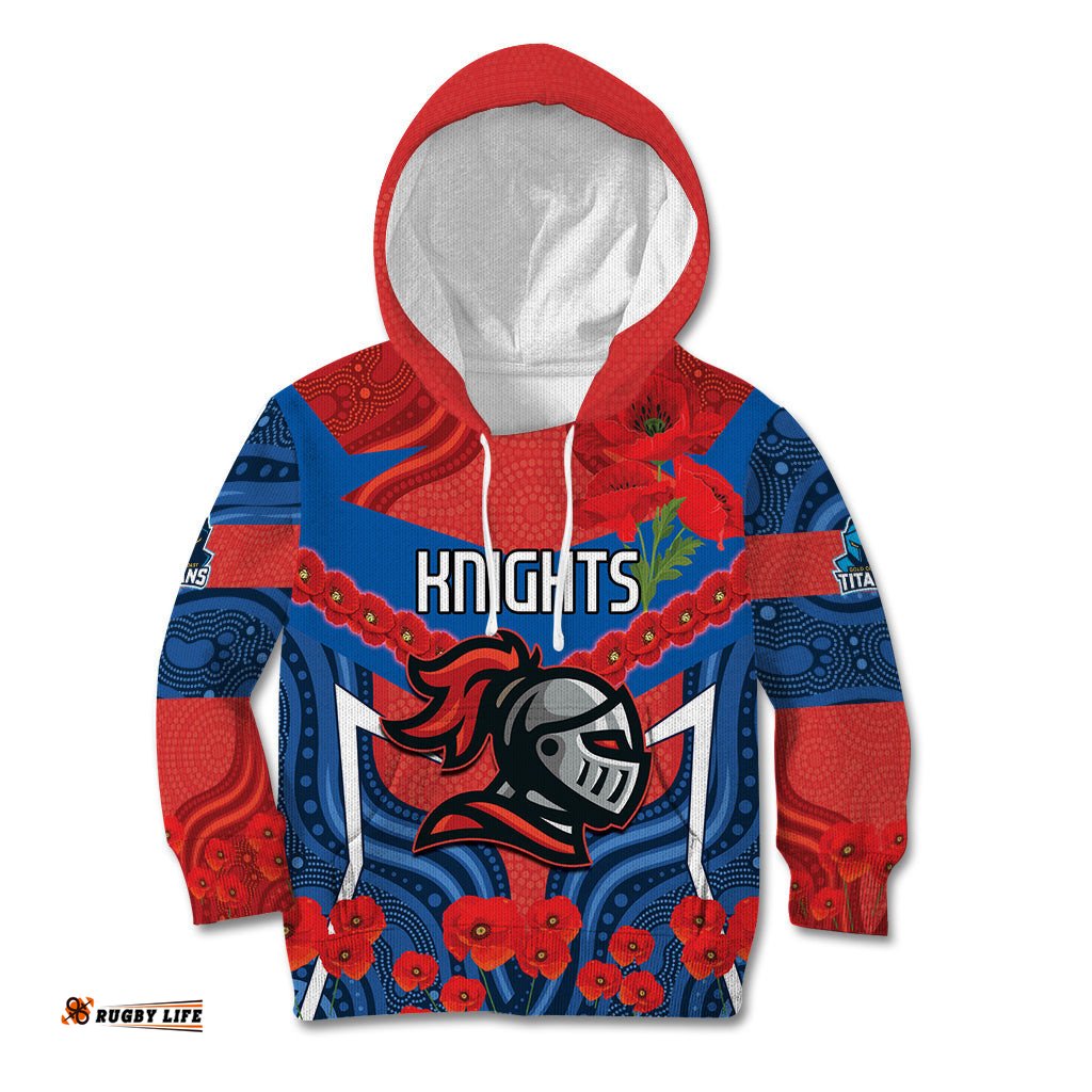 Custom Knights Rugby ANZAC Kid Hoodie Novocastrians Gallipoli Soldier With Aboriginal Art