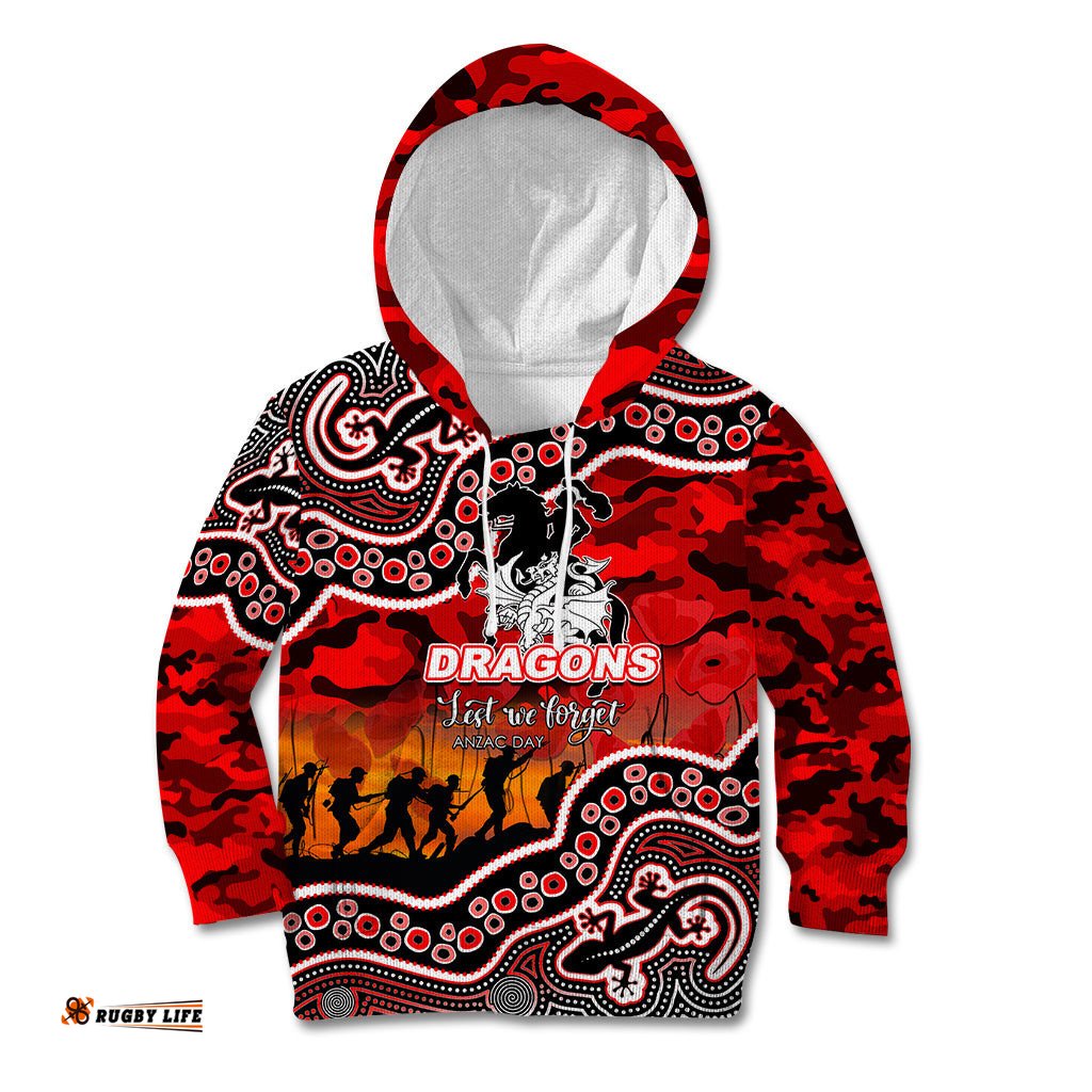 Custom Personalised Anzac Day NRL Dragons Kid Hoodie Aboriginal Lizard Patterns