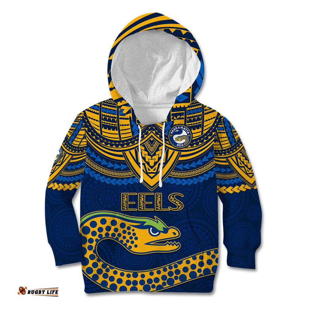 Custom Eels Rugby Kid Hoodie Polynesian and Aboriginal Vibe