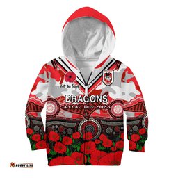 Dragons Rugby ANZAC 2023 Hoodie KID Aboriginal Mix Poppy Lest We Forget